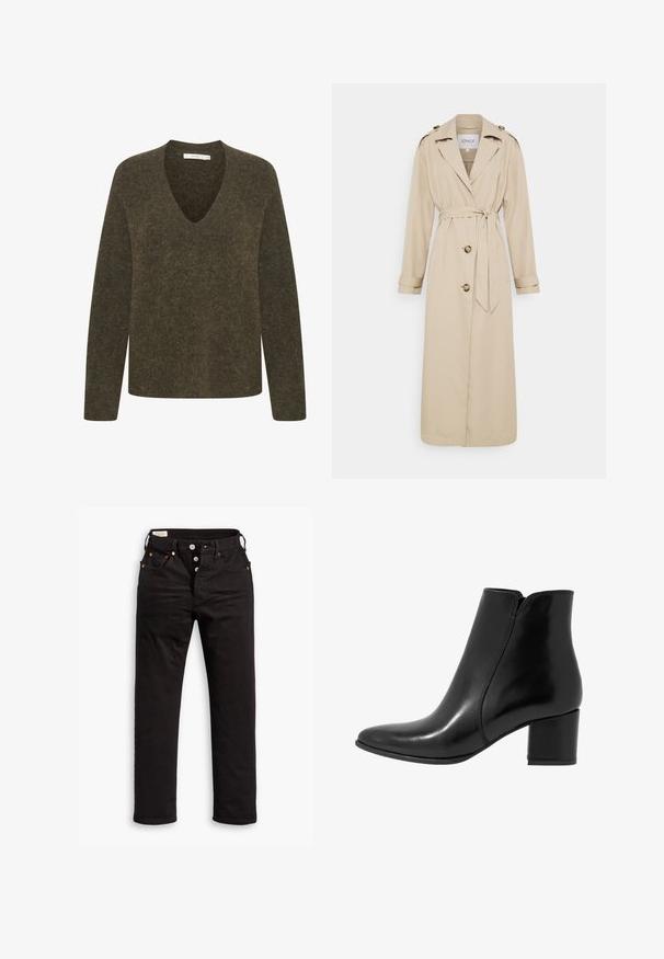 Beige krāsu tranšejas mēteli ar jostu viduklī, garām piedurknēm un diviem priekšējiem pogām. Iekļauj plecu cilpas un taisnu apakšmala.; Olivza zaļa, garām piedurknēm džemperis ar V-veida kakla dizainu. Mīksts, struktūrēts audums ar nedaudz relaksētu piegriezumu un minimāliem šuvju izstrādājumiem.; Melnas taisnās kājas džinsus ar pogu aizdari, priekšējām un aizmugurējām kabatām, kā arī vara kniedēm uz baltā fona.; Anna Field LEATHER - Klasiski puszābaki - black
