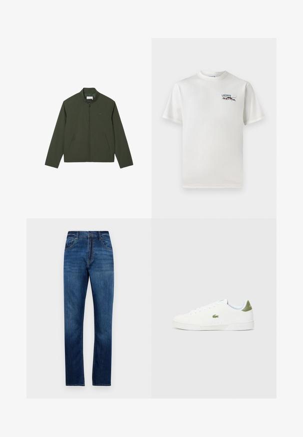 Giacca leggera verde con chiusura a zip, colletto alto e due tasche laterali. Tessuto liscio con un design minimalista.; T-shirt bianco in cotone con scollatura rotonda, maniche corte e un piccolo logo ricamato che raffigura montagne e testo sul lato sinistro del petto.; Jeans in denim blu a gamba dritta con cinque tasche, passanti per cintura e chiusura a bottone, presentati su uno sfondo bianco semplice.; Sneakers bianchi con una texture liscia, caratterizzate da un accento verde sul tallone e un piccolo logo ricamato a forma di coccodrillo sul lato.