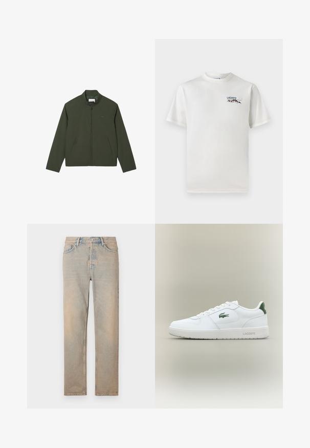 Chaqueta ligera verde con cierre de cremallera, cuello alto y dos bolsillos laterales. Textura suave con un diseño minimalista.; Camiseta de algodón blanca con cuello redondo, mangas cortas y un pequeño logotipo bordado que presenta montañas y texto en el lado izquierdo del pecho.; Jeans de mezclilla en tono beige claro con corte recto. Cuenta con cinco bolsillos, cierre de botón y un ligero desvanecimiento en la superficie de la tela.; Zapatilla de cuero blanca con un acabado suave, acentos verdes en el talón y un logotipo verde en el lateral. Presenta una suela plana y una puntera redonda.