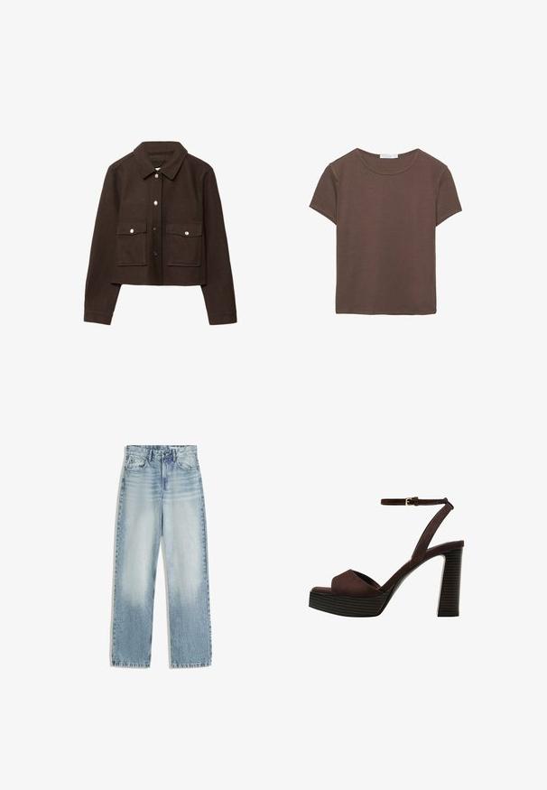 Ruskea lyhyt takki pehmeästä kankaasta, jossa on rakenteellinen kaulus, etupainikekiinnitys sekä kaksi rintataskua hopeanvärisillä nappikoristeilla.; Ruskea lyhythihainen T-paita, joka on valmistettu pehmeästä kankaasta. Paitassa on pyöreä pääntie ja rento istuvuus, suora helma ja ei näkyviä kuvioita.; Vaaleansiniset farkut, korkeavyötäröiset, suoranlahkeiset. Ominaisuuksiin kuuluu klassinen viisi taskua -muotoilu ja huomaamaton haalistuminen edessä.; Ruske kožne sandale s visokom potpeticom, otvorenim prstima, podesivim kopčanjem oko gležnja i prugastim platformskim đonom.