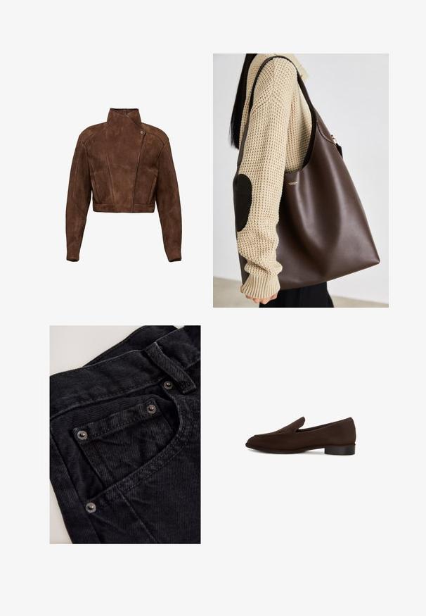 Braune Wildleder cropped Jacke mit hohem Kragen, asymmetrischem Verschlussdetail und genähten Akzenten für Struktur.; Weißes Baumwoll-T-Shirt mit kurzen Ärmeln und einem runden Ausschnitt. Verfügt über ein pinkes Etikett am inneren Hals. Glatte Textur.; Schwarze Denim-Hose mit hohem Bund, ausgestattet mit einer kleinen Vordertasche, metallenen Beschlägen und einer strukturierten Stoffoberfläche.; Brauner Slipper mit glatter Oberfläche, elongated Form, niedrigem Blockabsatz und minimalistischen Design. Keine sichtbaren Muster oder Verzierungen.; Braune Leder-Umhängetasche mit geräumigem Design. Verfügt über eine glatte Textur und ein dezentes Goldenes Logo. Kombiniert mit einem cremefarbenen Strickpullover.