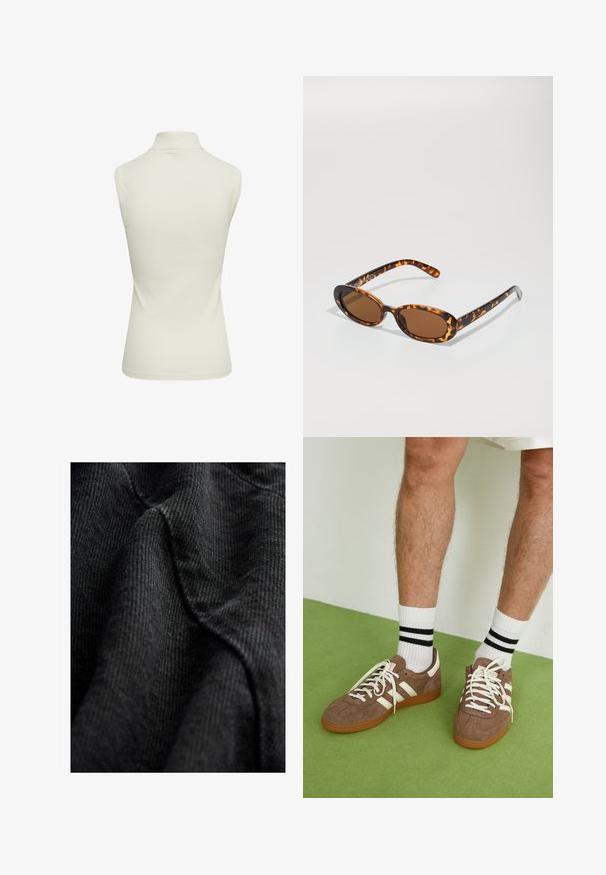 Hnedá zamatová skrátená bunda s vysokým golierom, asymetrickým zapínaním a dekoratívnym prešívaním pre štruktúru.; Hladký, bezrukávový top s rolákom v svetlej krémovej farbe. Hladká textúra s priliehavým strihom a čistými okrajmi, s vysokým výstrihom.; Čierna textúrovaná tkanina so tkaným vzorom, ktorá zobrazuje jemné, hladké línie a mierny lesk, zavesená tak, aby zvýraznila kontúry a hĺbku.; Hnedé zamatové tenisky s bielymi akcentmi a šnúrkami. Gumová podrážka. Nosené s bielymi ponožkami so čiernymi pruhmi. Zelená textúrovaná podlaha.; Žlté slnečné okuliare s oválnymi rámami, hnedými sklami a štíhlymi čiernymi stranami s jemnými vzorovými akcentmi.