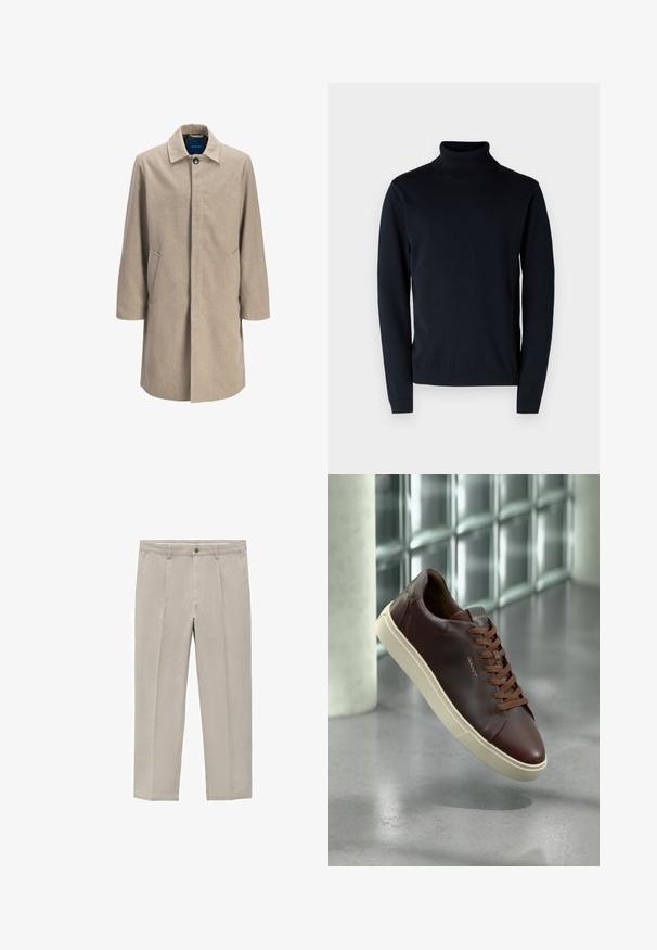 Cappotto in misto lana beige con taglio dritto, chiusura a gancio, colletto a punta, due tasche laterali e design minimalista, privo di motivi.; Maglione a dolcevita di un elegante blu scuro realizzato in tessuto morbido e elasticizzato. Presenta maniche lunghe e polsini e orlo a coste. Design semplice e pulito.; Pantaloni beige chiaro realizzati in un misto cotone, con un design a gamba dritta, pince frontali, chiusura con bottone e tasche laterali.; Sneaker in pelle marrone con punta rotonda, lacci marroni e suola in gomma beige. Presenta un branding minimale sul lato.