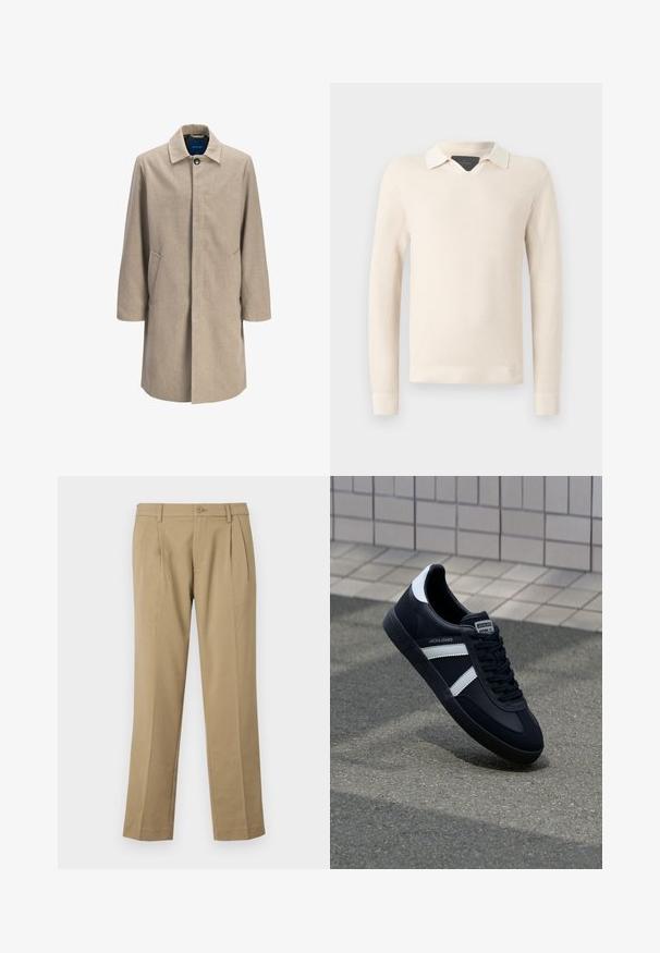 Beige wollenblend jas met een rechte snit, sluiting met haak, puntige kraag, twee zijzakken en een minimalistisch ontwerp zonder patronen.; Gebreide pullover in lichtbeige, met een contrasterende witte kraag, een textuurpatroon en geribbelde manchetten en onderkant.; Tan broeken gemaakt van een gladde stof, met twee voorplooien, een knoopsluiting en rechte pijpen met een nette zoom.; Zwarte leren sneaker met witte strepen, een gestructureerde rubberen zool en vetersluiting aan de voorkant. Voorzien van een merklabel op de tong.