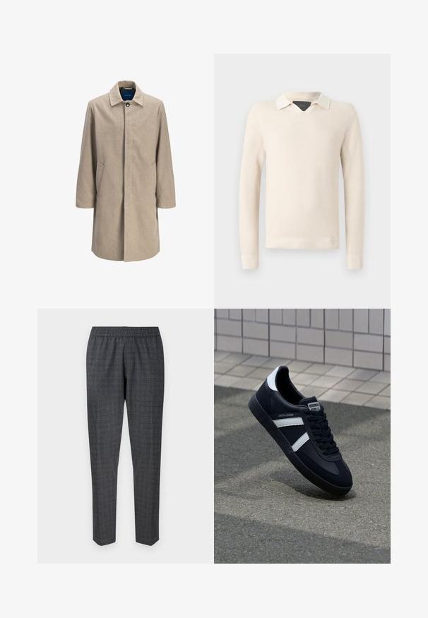 Béžový kabát z vlnenej zmesi so strihom na rovno, zapínaním na klips, špicatým golierom, dvoma bočnými vreckami a minimalistickým dizajnom, bez vzorov.; Pletený sveter v svetlej béžovej farbe, s kontrastným bielym golierom, textúrovaným vzorom a rebrovanými manžetami a spodným okrajom.; Šedé kárované nohavice s elastickým pásom a zúženými nohami, vyrobené z textilného materiálu s jemným vzorom.; Čierne kožené tenisky s bielymi pruhmi, textúrovanou gumovou podrážkou a šnurovaním vpredu. Obsahujú označenie značky na jazyku.