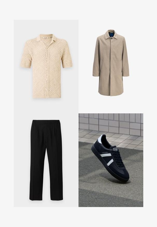 Beige wollenblend jas met een rechte snit, sluiting met haak, puntige kraag, twee zijzakken en een minimalistisch ontwerp zonder patronen.; Beige korte mouwen gebreide cardigan met een ruitpatroon, voorzien van een knoopsluiting en een kraag. Gemaakt van lichtgewicht materiaal.; Zwarte broeken van een gladde stof, met een elastische tailleband, recht model en twee plooien aan de voorkant voor extra detail.; Zwarte leren sneaker met witte strepen, een gestructureerde rubberen zool en vetersluiting aan de voorkant. Voorzien van een merklabel op de tong.