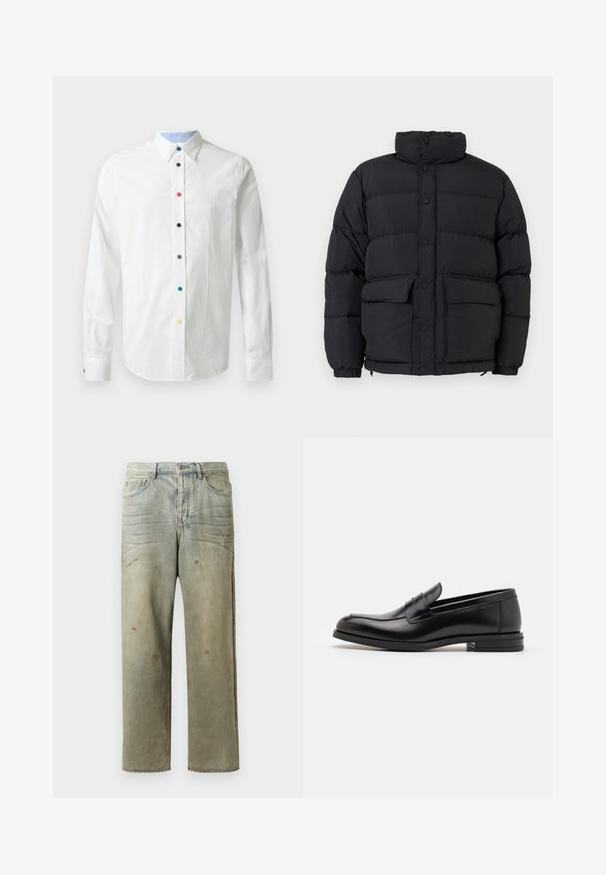 Schwarze gepolsterte Pufferjacke mit hohem Kragen, Druckknopfverschluss an der Vorderseite, zwei vorderen Klapptaschen und elastischen Bündchen.; Cremfarbener Pullover mit Rundhalsausschnitt, langen Ärmeln und kleinem, beigen Fuchskopf-Graphic auf der linken Brust, gerippte Bündchen und Saum.; Weißes Langarmhemd mit Button-Down-Kragen, ausgestattet mit mehrfarbigen Knöpfen entlang der Vorderseite und einem hellblauen Innenkragenfutter.; Distressed Denim-Jeans in Hellgrün, mit geradem Bein, Fünf-Taschen-Design und ungleichmäßiger Ausbleichung sowie Farbspritzern.; Schwarze Lederloafers mit glatter Textur, rundem Zehenbereich und einem dekorativen Riemen über dem Vorderfuß. Niedriger, gestapelter Absatz, minimalistisches Design.