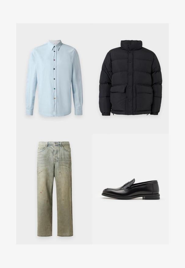 Melnas, pusaudžu pūšļa jaka ar augstu apkakli, pogu aizdari priekšpusē, divām priekšējām kabatām ar atloku un elastīgām aprocēm.; Kremkrāsas džemperis ar garām piedurknēm un mazu beigu brūnu lāču galvas grafiku kreisajā krūtīs, ribotām piedurknēm un apakšmalu.; Gai zila garām piedurknēm krekls, kas izgatavots no mīkstas auduma ar pogājamu priekšu, ar daudzkrāsainām pogām un asu apkakli.; Izsistās džinsās gaisā zaļā krāsā, ar taisnu kāju, piecu kabatu dizainu un nevienmērīgu izbalēšanu, kā arī krāsas šļakatas.; Melnas ādas kurpes ar gludu tekstūru, noapaļu purngalu un dekoratīvu siksniņu pāri priekšpusei. Zems sakrauts papēdis, minimālisma dizains.