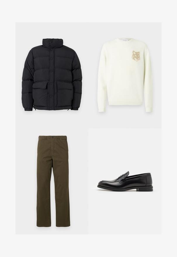 Fekete, párnázott pufi dzseki magas gallérral, patent gombokkal záródik elöl, két elülső zsebével fedéllel és rugalmas mandzsettával.; Világos krém színű crewneck pulóver hosszú ujjakkal, bal mellrészen egy kis bézs színű rókafej grafikával, bordás mandzsettákkal és aljjal.; Fekete, rövid ujjú, kerek nyakú póló, bal mellen kis hímzett narancssárga róka logóval.; Férfi egyenes szárú barna pamut nadrág övbújtatókkal, elől gombbal és cipzárral egy világos háttér előtt.; Fekete bőr loaferek sima textúrával, kerek orral és dekoratív pánttal a vampnál. Alacsony, rétegelt sarkú, minimalista dizájn.