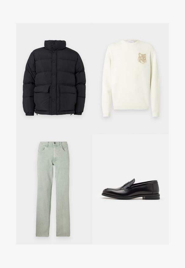 Must must puhv jacket kõrge kaelusega, nööpidega ees sulgemine, kaks esist flopikotti ja elastsed mansetid.; Kreemist värvi ümarakaelusega sviiter pika varrukaga, vasakul rinnal väikese beeži rebasespea graafikuga, soonikkoes varrukate ja äärtega.; Must have lühikeste varrukatega ümmarguse kaelusega must t-särk, mille vasakus rinnakus on väike brodžeeritud oranž rebane.; Heledad rohelised teksad sirge lõikega, viie taskuga disain ja nööbiga sulgur, kerge fade efektiga ja siledast tekstuurist.; Mustad mustad nahast loafers sileda tekstuuriga, ümarat ninaosa ja dekoratiivne riba vampi üle. Madal kihiline konts, minimalistlik disain.