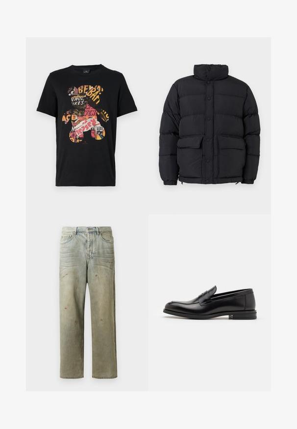 Juodas pūkuotas puffer tipo švarkas su aukštu color, spaudžių mygtukų uždarymu, dviem priekinėmis kišenėmis su sklende ir elastingomis rankogaliais.; Grietos spalvos megztinis su ilgomis rankovėmis ir mažo smėlio šviesumo lapės galvos grafika ant kairiojo krūtinės, su raibais rankogaliais ir apatine dalimi.; Juodas medvilninis marškinėliai su spalvinga grafika, vaizduojančia mešką, pagamintą iš koliažo stiliaus teksto ir vaizdų, sukuriant ryškų dizainą.; Šviesiai žaliai nuvarytos džinsinės kelnes, su tiesiomis kojomis, penkių kišenių dizainu, nelygiai blukščiantis ir su dažų lašeliais.; Juodos odinės loafers, turinčios lygų paviršių, apvalią noselę ir dekoratyvinę juostą per priekinę dalį. Žemas krentantis kulnas, minimalistinis dizainas.