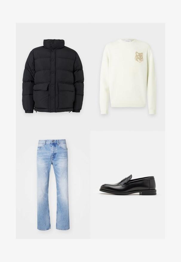 Čierna prešívaná puffer bunda s vysokým golierom, predným zapínaním na cvoky, dvoma prednými vreckami na klopu a elastickými manžetami.; Krémový sveter s okrúhlym výstrihom, dlhými rukávmi a malou béžovou grafikou líšky na ľavej hrudi, s rebrovanými manžetami a lemovaním.; Svetlomodré denimové nohavice s rovnými nohavicami, pričom majú klasický päť-vreckový dizajn a jemný vyblednutý vzor.; Čierne kožené mokasíny s hladkou textúrou, zaoblenou špičkou a dekoračným pásikom cez priehlavok. Nízky vrstvený opätok, minimalistický dizajn.