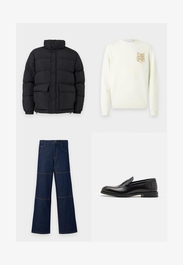 Μαύρο φουσκωτό μπουφάν με ψηλό γιακά, κλείσιμο με κουμπιά, δύο μπροστινές τσέπες με καπάκι και ελαστικές μανσέτες.; Κρεμ μπλούζα με λαιμόκοψη και μακριά μανίκια, με μικρή γκρι φιγούρα αλεπούς στην αριστερή πλευρά του στήθους, ribbed μανίκια και στρίφωμα.; Σκούρα μπλε τζιν παντελόνι με φαρδιά πόδια και αντίθετο πορτοκαλί ραφή, διαθέτοντας μεγάλα πλαϊνά τσέπες σε κάθε πόδι και κουμπί κλεισίματος στη μέση.; Μαύρες δερμάτινες μπαλαρίνες με λεία υφή, στρογγυλή μύτη και διακοσμητική ταινία πάνω από το επάνω μέρος. Χαμηλός καπιτώνας, μινιμαλιστικός σχεδιασμός.