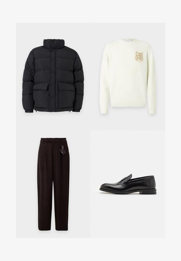 Sort polstret dunjakke med høj krave, knaplukning foran, to foran klaplommer og elastiske manchetter.; Cremefarvet crewneck sweater med lange ærmer og et lille beige rævehovedgrafik på venstre bryst, ribbede manchetter og kant.; Mørkebrun, strukturerede bukser med en løs pasform, der har en bæltestrop i taljen og et mærke hængende fra en metalring. Flad forside og lige ben.; Sorte læderloafers med en glat overflade, rund tå og en dekorativ strop over vampen. Lav hæl med stabeldesign, minimalistisk stil.