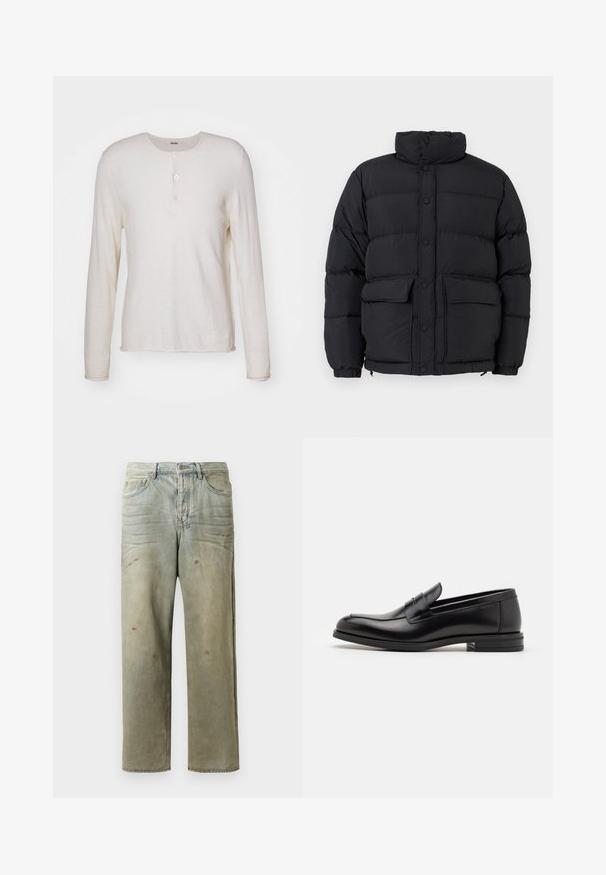 Veste rembourrée noire avec col haut, fermeture frontale à boutons-pression, deux poches à rabat à l'avant et poignets élastiques.; Chemise henley à manches longues, de couleur crème, fabriquée en tissu doux, dotée d'un col rond, de trois boutons sur le devant et d'un ourlet droit.; Jeans en denim déchiré de couleur vert clair, avec une coupe droite, un design à cinq poches et un délavage inégal agrémenté de taches de peinture.; Mocassins en cuir noir avec une texture lisse, bout rond et une sangle décorative sur le dessus. Talon bas empilé, design minimaliste.