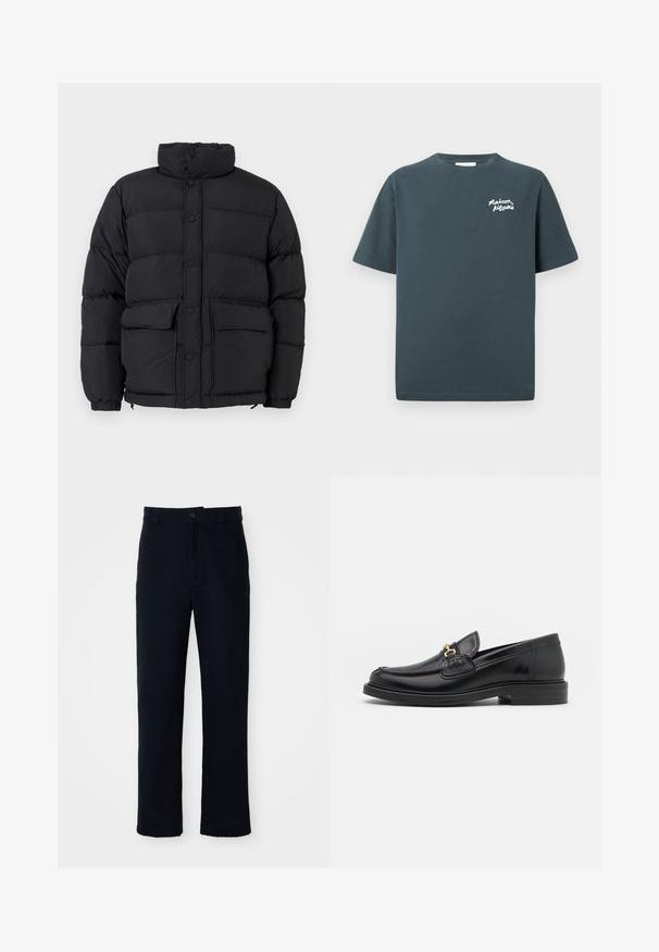 Zwarte gewatteerde pufferjack met hoge kraag, drukknopen aan de voorkant, twee voorzakken met klep en elastische manchetten.; Donkergrijze katoenen t-shirt voor heren met korte mouwen, ronde halslijn en wit "Maison Kitsuné" logo gedrukt op de linkerkant van de borst.; Marineblauwe broeken van katoen, met een recht model, een sluiting met een knoop aan de voorkant en een klassieke tailleband met riemlussen.; Zwarte leren instappers met een ronde neus, voorzien van een gouden hardware accent en stikdetails, geplaatst op een lage, getextureerde rubberen zool.