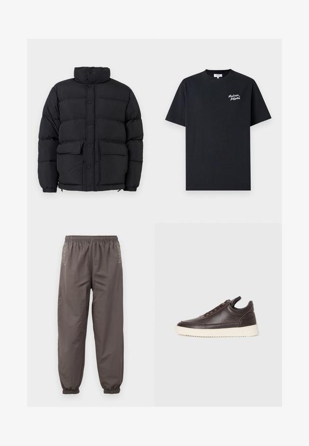 Černá prošívaná bunda s vysokým límcem, vpředu na patentky, se dvěma předními kapsami na klopu a elastickými manžetami.; Černé bavlněné tričko s kulatým výstřihem. Na levé hrudi se nachází bílé ručně psané logo značky. Krátké rukávy, klasický střih.; Tmavě šedé kalhoty s elastickým pasem a uvolněným střihem. Mají stažené manžety a jemnou výšivku po stranách. Lehce materiál.; Tmavě hnědé texturované kožené tenisky s šněrováním a bílou rýhovanou gumovou podrážkou na jednobarevném světlém pozadí.