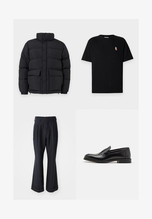 Giacca puffer nera imbottita con collo alto, chiusura anteriore con bottoni a pressione, due tasche anteriori con patta e polsini elasticizzati.; Maglietta nera a maniche corte con colletto tondo, con un piccolo logo ricamato di una volpe arancione a sinistra sul petto.; Pantaloni neri su misura con una vestibilità comoda, pantaloni plissettati nella parte anteriore e gamba larga. Presentano un orlo con risvolto e una texture del tessuto liscia.; Mocassini neri in pelle con una texture liscia, punta arrotondata e una striscia decorativa sulla tomaia. Tacco basso impilato, design minimalista.