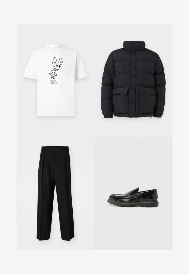 Crni podstavljeni zimski kaput s visokim ovratnikom, zatvaranjem na dugmad, dva prednja džepa s preklopom i rastezljivim manžetama.; Bijela majica kratkih rukava s crnim apstraktnim crtežom lica lisice i osobe, tekst "Maison Kitsuné" i "Paris" ispod grafike.; Crne plisirane hlače s ravnim širokim nogavicama. Izrađene od glatkog materijala, s dugmadi za zatvaranje i petljama za remen.; Crne kožne mokasine s sjajnom završnom obradom, okruglim vrhom, suptilnim detaljima šivanja i debelim gumenim đonom za izdržljivost.