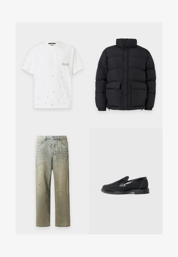 Czarna ocieplana kurtka puchowa z wysokim kołnierzem, zapięcie na zatrzaski z przodu, dwie kieszenie z klapą z przodu i elastyczne mankiety.; Biała bawełniana koszulka z krótkim rękawem, z logo na piersi i rozproszonym wzorem małych metalicznych krzyży.; Zniszczone dżinsy w jasnym zielonym kolorze, z prostymi nogawkami, pięcioma kieszeniami oraz nierównomiernym blaknięciem i plamami farby.; Czarny, pleciony but wsuwany z gładkim skórzanym akcentem na cholewce, o okrągłym nosku i niskoprofilowej gumowej podeszwie.