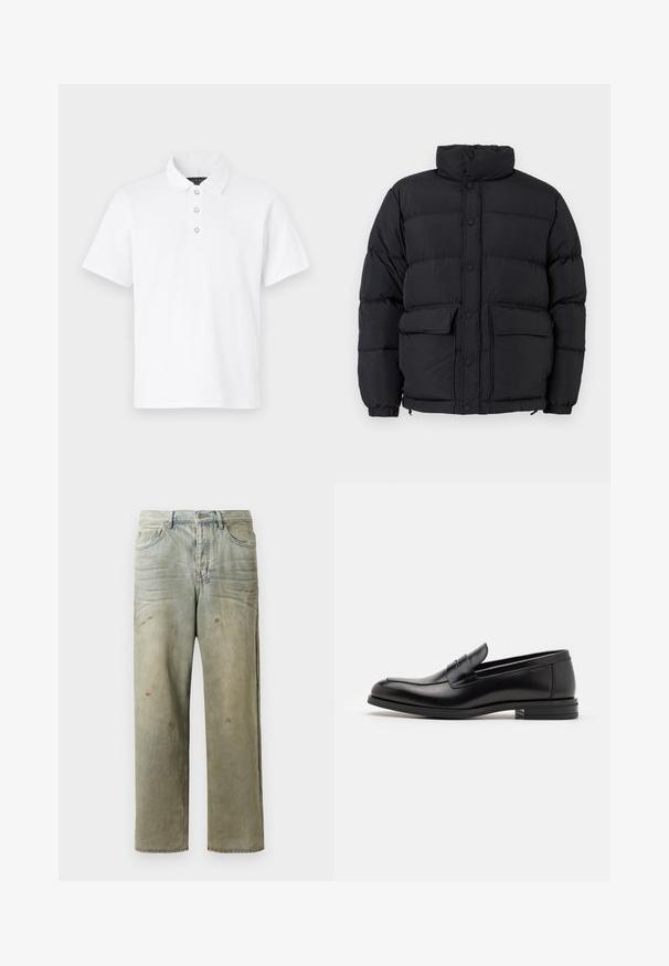 Sort polstret dunjakke med høj krave, knaplukning foran, to foran klaplommer og elastiske manchetter.; Hvid polo t-shirt med kravehals, treknaps placket og korte ærmer. Blødt bomuldsmateriale med en ensartet tekstur.; Slidte denimjeans i lysegrøn med lige ben, femlommerdesign og ujævn falming med malersplatter.; Sorte læderloafers med en glat overflade, rund tå og en dekorativ strop over vampen. Lav hæl med stabeldesign, minimalistisk stil.
