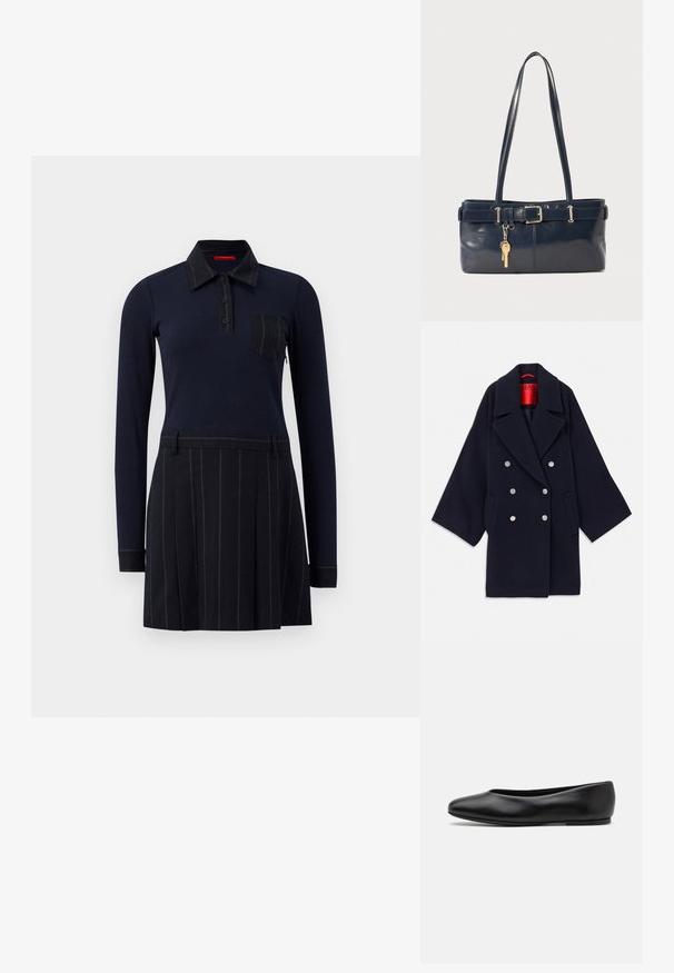 Navy double-breasted coat made of wool, featuring a wide lapel, two front pockets, and silver-tone buttons, with a red branded interior.; Navy polo dress with long sleeves, ribbed texture, button closure, and a chest pocket; skirt features vertical stripes and pleats.; Paul Smith TOPANGA - Ballet pumps - black; Navy leather handbag with two long handles, a buckle detail, and a keychain attached. Features a smooth texture and a rectangular shape.