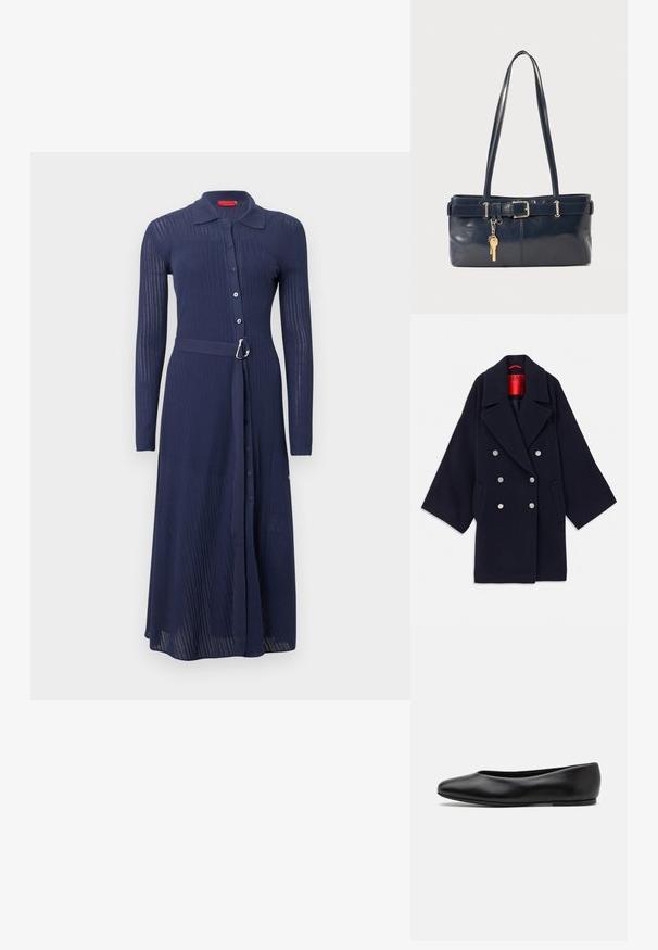 Marineblauer Doppelreißverschlussmantel aus Wolle, mit weitem Revers, zwei Vorderaschen und silberfarbenen Knöpfen, mit rotem Markenfutter.; Marineblaues, geripptes Kleid mit langen Ärmeln, durchgehender Knopfleiste und tailliertem Gürtel mit silberner Schnalle. Verfügt über einen Kragen und ein durchgehendes Design.; Paul Smith TOPANGA - Klassischer Ballerina - black; Marineblaue Lederhandtasche mit zwei langen Griffen, einer Schnallen-Detailierung und einem daran befestigten Schlüsselanhänger. Besitzt eine glatte Textur und eine rechteckige Form.