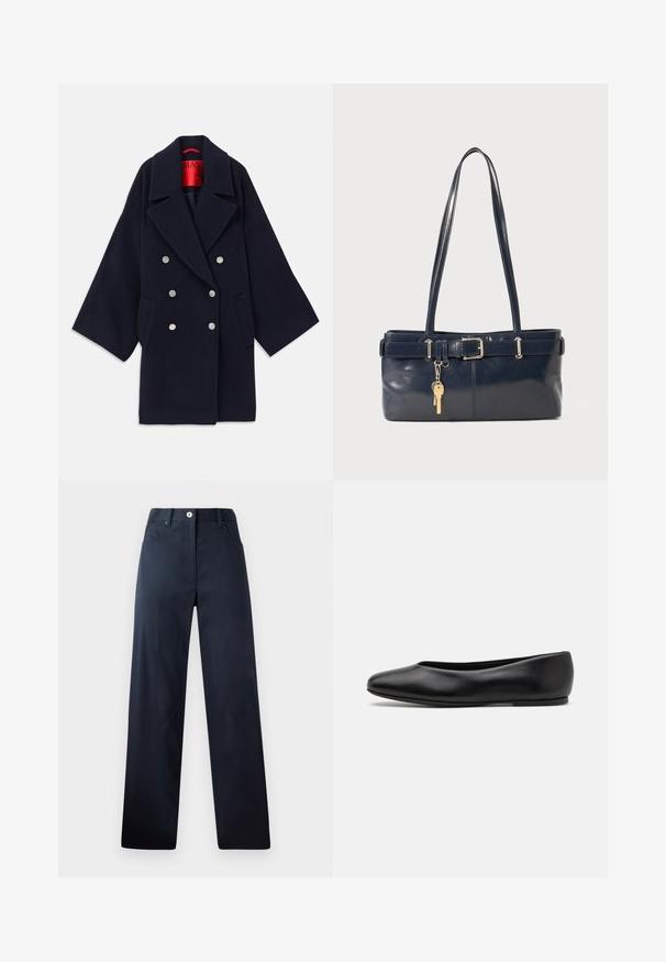 Navy double-breasted coat made of wool, featuring a wide lapel, two front pockets, and silver-tone buttons, with a red branded interior.; Dark navy sweater with a round neckline, long raglan sleeves, ribbed cuffs, and a straight hem. Made from a soft, textured knit material.; Dark navy trousers with a straight-leg design, made from smooth fabric. Features front pockets, a button closure, and subtle stitching details.; Paul Smith TOPANGA - Ballet pumps - black; Navy leather handbag with two long handles, a buckle detail, and a keychain attached. Features a smooth texture and a rectangular shape.