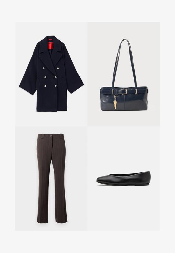 Granatowy dwurzędowy płaszcz wykonany z wełny, z szerokimi klapami, dwiema przednimi kieszeniami i guzikami w srebrnym odcieniu, z czerwonym wnętrzem z logo.; Ciemnoniebieski sweter z okrągłym dekoltem, długimi rękawami raglanowymi, ściągaczami u dołu i prostym brzegiem. Wykonany z miękkiego, fakturowanego materiału dzianinowego.; Brązowe spodnie w prążki o dopasowanym kroju, z zapięciem na guzik z przodu i prostymi nogawkami. Gładka faktura materiału.; Paul Smith TOPANGA czarny; Granatowa skórzana torebka z dwoma długimi uchwytami, detalem w postaci klamry oraz dołączonym breloczkiem. Charakteryzuje się gładką teksturą i prostokątnym kształtem.