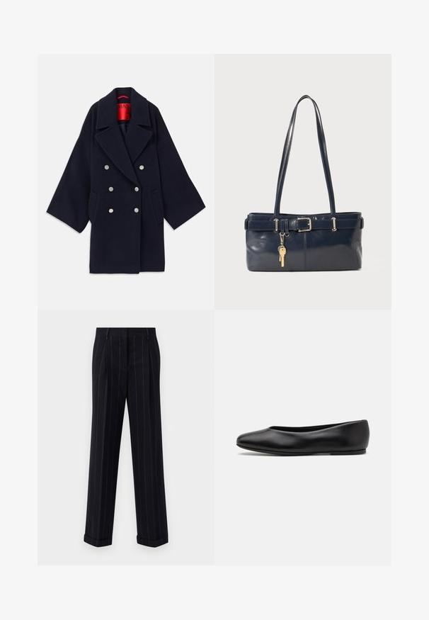 Marineblauer Doppelreißverschlussmantel aus Wolle, mit weitem Revers, zwei Vorderaschen und silberfarbenen Knöpfen, mit rotem Markenfutter.; Dunkelblauer Pullover mit rundem Ausschnitt, langen Raglanärmeln, gerippten Bündchen und geradem Saum. Hergestellt aus einem weichen, strukturierten Strickmaterial.; Schwarz gestreifte Hose mit tailliertem Schnitt, mit einem umgeschlagenen Saum und vorderen Falten. Hergestellt aus glattem Stoff mit einer strukturierten Gestaltung.; Paul Smith TOPANGA - Klassischer Ballerina - black; Marineblaue Lederhandtasche mit zwei langen Griffen, einer Schnallen-Detailierung und einem daran befestigten Schlüsselanhänger. Besitzt eine glatte Textur und eine rechteckige Form.