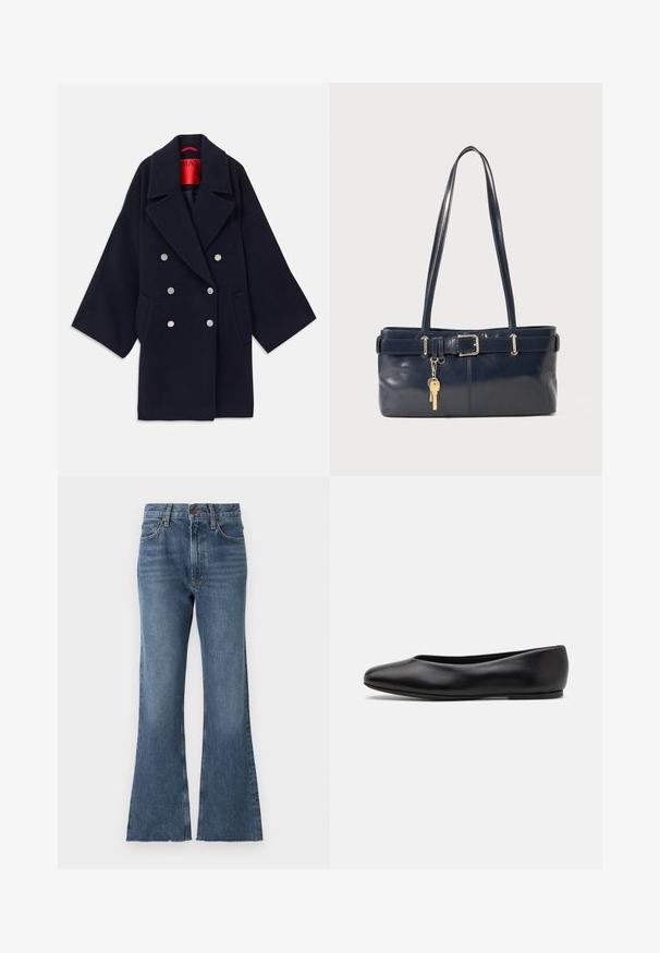 Navy double-breasted coat made of wool, featuring a wide lapel, two front pockets, and silver-tone buttons, with a red branded interior.; White long-sleeve button-up shirt in a smooth cotton blend. Features a classic collar, front button closure, and rounded cuffs.; Denim flared jeans in medium blue wash with a high waist, featuring traditional five-pocket styling and frayed hem at the bottom.; Paul Smith TOPANGA - Ballet pumps - black; Navy leather handbag with two long handles, a buckle detail, and a keychain attached. Features a smooth texture and a rectangular shape.