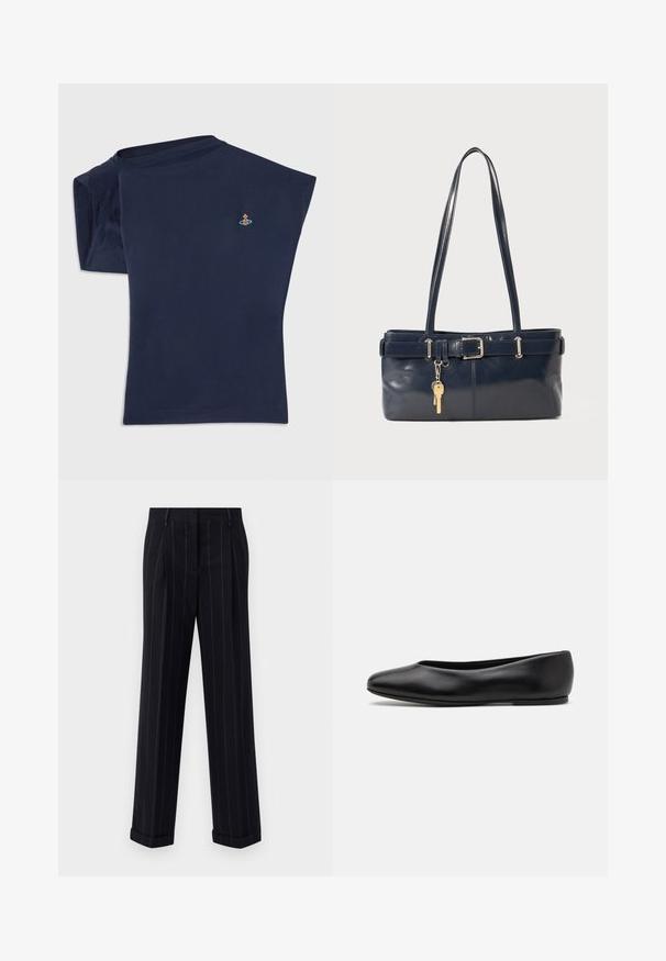 Námořnický dvouřadý kabát vyrobený z vlny, s širokým límcem, dvěma předními kapsami a knoflíky ve stříbrném provedení, s červenou značkovou podšívkou.; Námořnická modrá tričko s krátkým rukávem a kulatým výstřihem, s jedním odhaleným švem na rameni. Obsahuje malý vyšívaný motiv poblíž hrudníku.; Černé pruhované kalhoty s úzkým střihem, se zúženým lemem a předními sklady. Vyrobené z hladkého materiálu se strukturovaným designem.; Paul Smith TOPANGA - Klasické baleríny - black; Námořnická kožená kabelka s dvěma dlouhými uchy, detaily s přezkou a připevněným klíčenkou. Vyznačuje se hladkým povrchem a obdélníkovým tvarem.