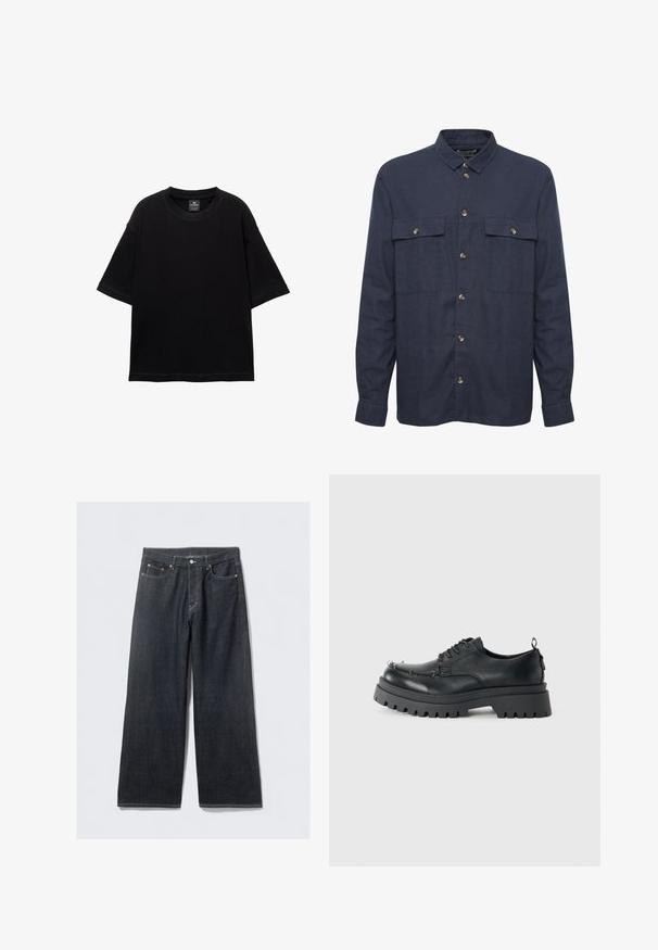 Donkerblauwe button-up shirt van een lichtgewicht stof met twee borstzakken, goudkleurige knopen en een klassiek kraagontwerp.; Zwarte T-shirt met korte mouwen, gemaakt van katoen, met een ronde halslijn en een ontspannen pasvorm. Gladde textuur met minimale stikdetails.; Donkerdenim wijd uitlopende jeans met een hoge taille, voorzien van koperkleurige klinknagels en contraststiksels, een gladde textuur en geen zichtbare patronen.; Zwarte chunky leren veterschoen met dikke robuuste zool en metalen oogjes op de neus, gefotografeerd tegen een effen lichte achtergrond.