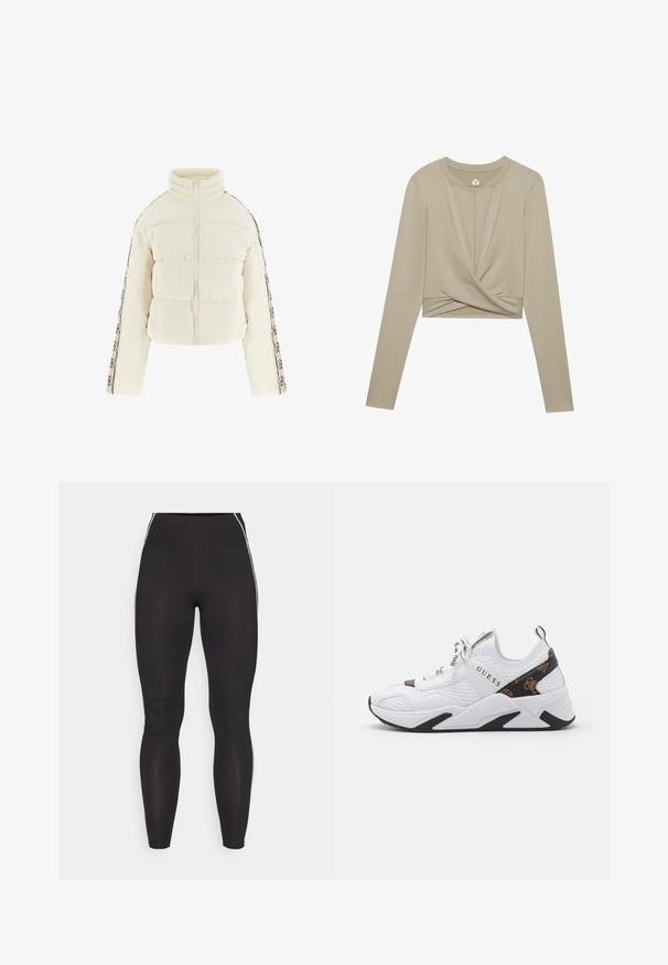 Kremasti puffer jakna s visokim ovratnikom, prednjim zatvaračem i detaljima duž rukava s crnim uzorcima.; Svijetlosmeđi dugi rukavi crop top s dizajnom uvijenog prednjeg dijela, izrađen od glatkog materijala. Ima okrugli izrez i prilagodljive rukave.; Crne tajice izrađene od rastezljivog materijala s visokim pojasom. Ima bijele bočne pruge i glatku teksturu.; Bijela tenisica s mrežastim i sintetičkim materijalima, s crnim i smeškim naglascima, teksturiranim stranama i istaknutim logotipom. Guma potplat.