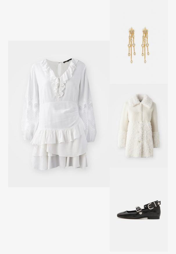 Cappotto bianco peloso con un tessuto texturizzato, ampio colletto e chiusure a bottone. Il corpo ha una finitura liscia, con accenti a contrasto.; Abito bianco con rifiniture arricciate, maniche lunghe a palloncino con accenti ricamati e orlo a strati. Realizzato in tessuto leggero.; Scarpa flat in vernice nera con punta quadrata, cinturino alla caviglia con hardware in argento e suola piatta. Texture liscia con design minimalista.; Maje MISS MINI - Borsa a tracolla - noir; Orecchini dorati con molteplici catene a cascata, dotati di accenti in strass ovali trasparenti e parte superiore decorativa a perno.