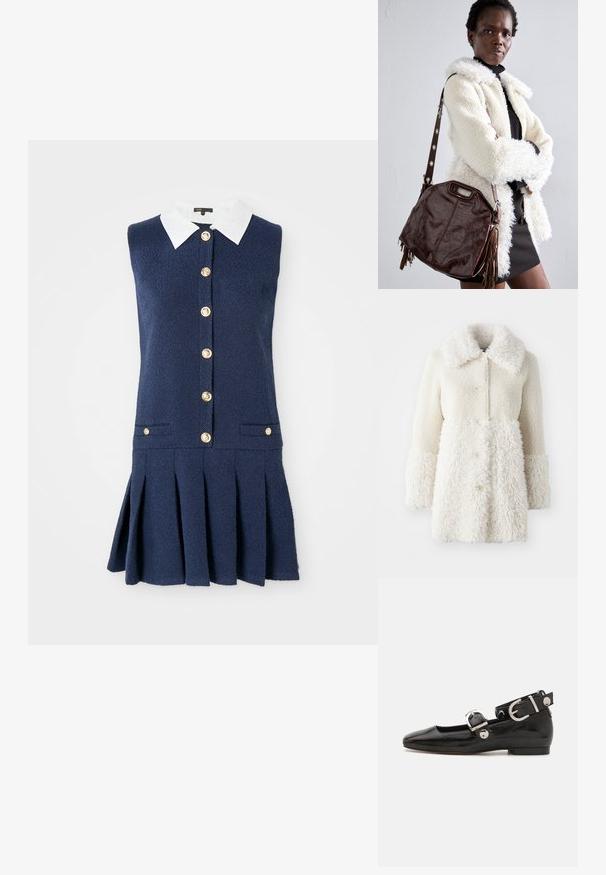 Valge karvane mantel, millel on tekstureeritud kangas, suur krae ja nööbid. Keha on sileda viimistlusega, kontrastsete aktsentidega.; Tumed ilma varrukateta kleit valge krae ja nööpide ees, kahte küljetaskut ja volditud seeliku disainiga. Tekstureeritud kangas.; Must musta nahkkinga lamead kontsad, ruudukujulise varbaga, pahkluu rihmaga, mis sisaldab hõbedast taakleid, ning lame tald. Siledat pinda ja minimalistlikku disaini.; Pruunist nahast käekott, millel on tekstuuriga viimistlus, volditud ääred ja külgmised pomponid; sisaldab eemaldatavat õlavarre rihma, millel on metallaktsent.