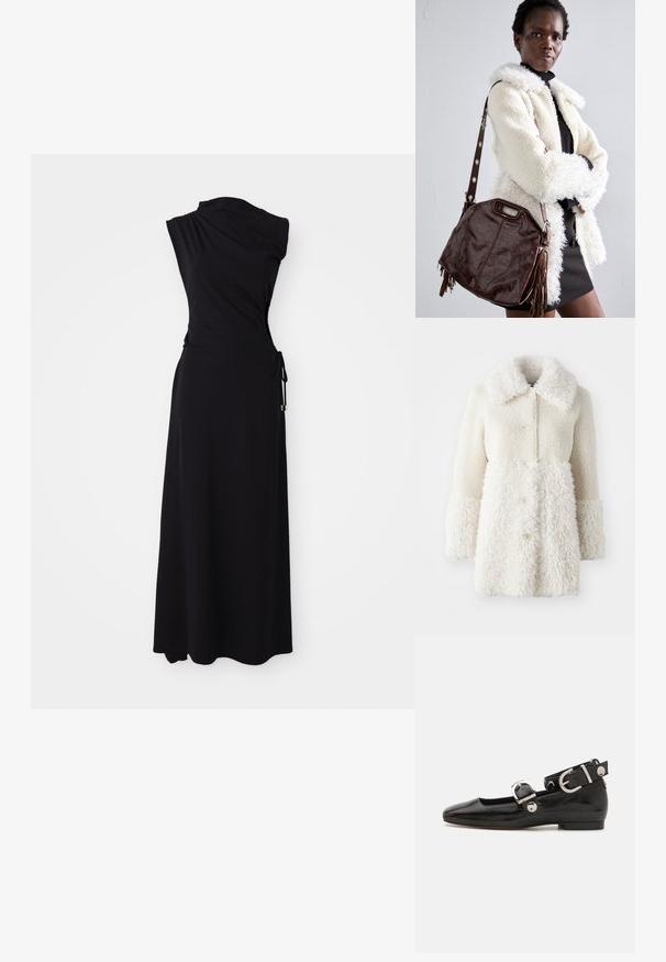 Fehér szőrgolyó kabát, texturált anyaggal, nagy gallérral és gombos záródással. A kabát teste sima felületű, kontrasztos részletekkel.; Fekete, ujjatlan ruha, amelynek egy vállas kivitele van, ráncolt derékkal és oldalsó megkötéssel. Puha, rugalmas anyagból készült. Térdig érő.; Fekete lakkbőr lapos cipő négyzet alakú orral, ezüst hardware-rel ellátott bokapánttal és lapos talppal. Simaságával és minimalista dizájnjával kiemelkedő.; Barna bőr kézitáska texturált felülettel, redőzött élekkel és oldalsó bojtokkal; levehető vállpánttal rendelkezik, fém díszítésekkel.