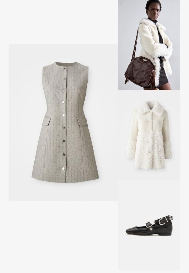 Weißer, pelziger Mantel mit einer strukturierten Stoffoberfläche, großem Kragen und Knopfverschlüssen. Der Körper hat eine glatte Oberfläche mit kontrastierenden Akzenten.; Ärmelloses graues Kleid mit vertikalen Streifen, rundem Halsausschnitt, Knopfverschluss vorne, zwei Seiten Taschen und einer taillierten Silhouette.; Schwarze Lackleder-Ballerina mit eckiger Zehenpartie, Knöchelriemen mit silberner Hardware und flacher Sohle. Glatte Textur mit minimalistischen Design.; Braune Lederhandtasche mit strukturierter Oberfläche, gefalteten Kanten und seitlichen Quasten; ausgestattet mit einem abnehmbaren Schultergurt mit metallischen Akzenten.