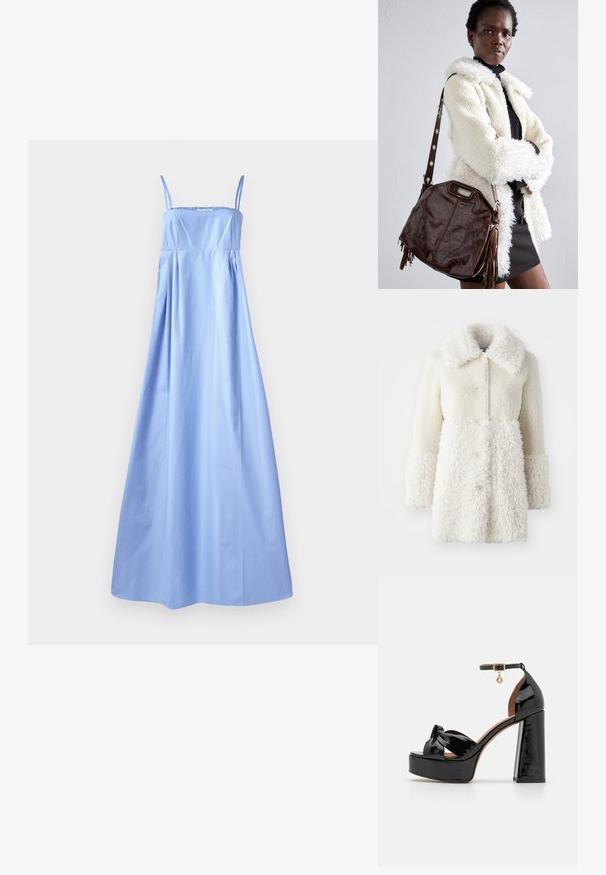 Palton alb pufos cu un material texturat, guler mare și închidere cu nasturi. Corpul are un finisaj neted, cu accente contrastante.; Rochie maxi fără mâneci, de culoare albastră deschisă, cu bretele subțiri, corset ajustat, talie încrețită și fustă fluida. Fabricată dintr-un material neted, cu detalii minime.; Maje Sandale cu toc - noir; Geantă din piele maro cu un finisaj texturat, margini pliate și ciucuri pe lateral; include o curea de umăr detasabilă cu accente din metal.