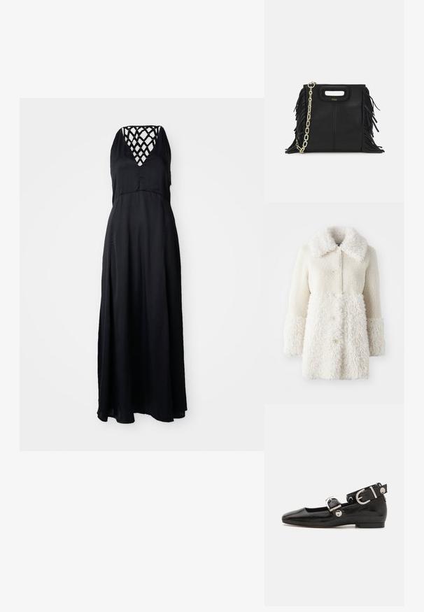 Fehér szőrgolyó kabát, texturált anyaggal, nagy gallérral és gombos záródással. A kabát teste sima felületű, kontrasztos részletekkel.; Fekete maxi ruha V-kivágással és keresztpántos dizájnnal a háton. Könnyű anyag, lágy vonalvezetés és bokáig érő fazon.; Fekete lakkbőr lapos cipő négyzet alakú orral, ezüst hardware-rel ellátott bokapánttal és lapos talppal. Simaságával és minimalista dizájnjával kiemelkedő.; Fekete bőr kézitáska, frufrus részletekkel, arany láncos vállpánttal és kivágott fogantyúval. Az elülső részen logó található.