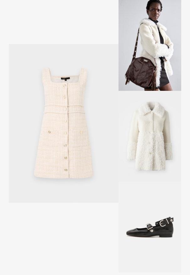 Valge karvane mantel, millel on tekstureeritud kangas, suur krae ja nööbid. Keha on sileda viimistlusega, kontrastsete aktsentidega.; Kreemivärvi kleit, mis on valmistatud tekstuuriga kangast. Omab ruudukujulist kaelust, nööbist eesmist sulgemist ning kahte esimest taskut dekoratiivsete nööpidega.; Must musta nahkkinga lamead kontsad, ruudukujulise varbaga, pahkluu rihmaga, mis sisaldab hõbedast taakleid, ning lame tald. Siledat pinda ja minimalistlikku disaini.; Pruunist nahast käekott, millel on tekstuuriga viimistlus, volditud ääred ja külgmised pomponid; sisaldab eemaldatavat õlavarre rihma, millel on metallaktsent.