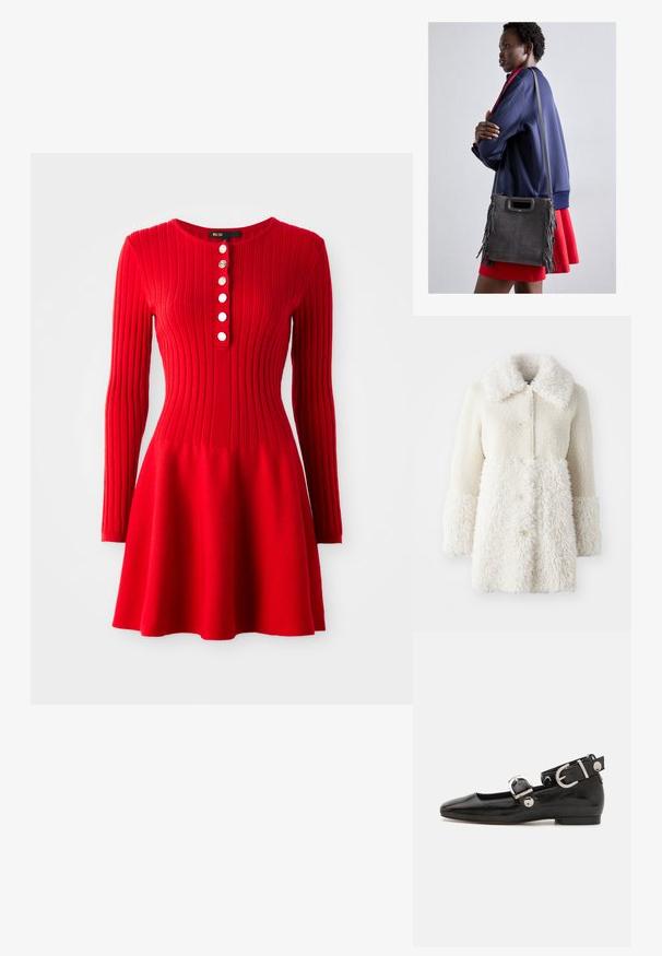 Weißer, pelziger Mantel mit einer strukturierten Stoffoberfläche, großem Kragen und Knopfverschlüssen. Der Körper hat eine glatte Oberfläche mit kontrastierenden Akzenten.; Rotes geripptes Strickkleid mit langen Ärmeln, tailliertem Oberteil und ausgestellt Rock. Mit Rundhalsausschnitt und fünf weißen Knöpfen an der Vorderseite.; Schwarze Lackleder-Ballerina mit eckiger Zehenpartie, Knöchelriemen mit silberner Hardware und flacher Sohle. Glatte Textur mit minimalistischen Design.; Graue Wildleder-Handtasche mit Fransen, großer Öffnung mit Obergriff und dünnem Tragegurt. Das Model trägt eine marineblaue Jacke und einen roten Rock.
