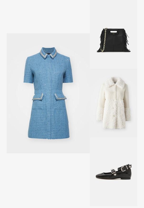 Fehér szőrgolyó kabát, texturált anyaggal, nagy gallérral és gombos záródással. A kabát teste sima felületű, kontrasztos részletekkel.; Maje RILYA - Ingruha - bleu; Fekete lakkbőr lapos cipő négyzet alakú orral, ezüst hardware-rel ellátott bokapánttal és lapos talppal. Simaságával és minimalista dizájnjával kiemelkedő.; Fekete bőr kézitáska, frufrus részletekkel, arany láncos vállpánttal és kivágott fogantyúval. Az elülső részen logó található.