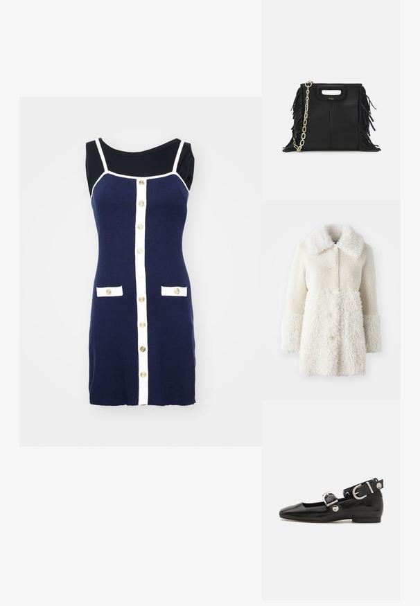 Bela krznena bunda z teksturirano tkanino, velikim ovratnikom in gumbi za zapiranje. Telo ima gladko površino z kontrastnimi detajli.; Navy pletena obleka z belimi akcenti, s krojnim izrezom, zlatimi gumbi spredaj in dvema belima žepoma z flapom.; Črne lakaste balerinke s kvadratnim prstom, trakovi okrog gležnja z zlatimi dodatki in ravnim podplatom. Gladka tekstura z minimalističnim dizajnom.; Črna usnjena ročna torba z detajli fringa, zlatim verigo za rame in izrezanim ročajem. Na sprednji strani je nameščen logotip.