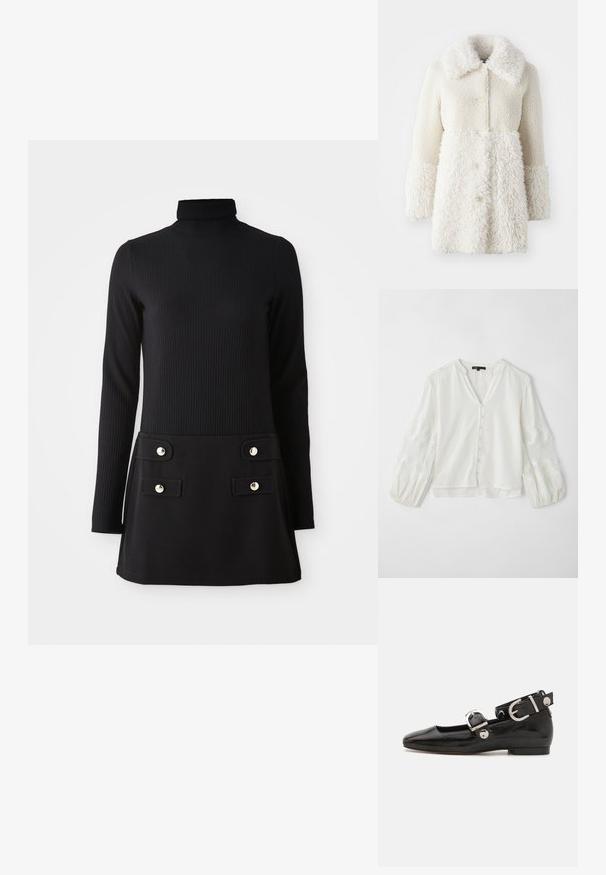 Baltas pūkuotas paltas su tekstūruotu audiniu, dideliu apykakliu ir sagomis. Dalis turi lygų paviršių, su kontrastingais akcentais.; Balta palaidinė su V formos iškirpte, mygtukų uždarymu ir permatomomis ilgomis siuvinėtomis rankovėmis, turinčiomis bangų raštą ir tekstūrinius akcentus.; Juoda dryžuota turtlenecko suknelė su ilgomis rankovėmis, pasižyminti prigludusia liemene ir platėjančia sijona, turinti dvi priekines kišenes ir auksinės spalvos mygtukus.; Juodas lakinės odos plokščias batelis su kvadratiniu pirštu, kulkšnies dirželiu su sidabro detalėmis ir plokščiu padu. Sklandus paviršius su minimalistišku dizainu.; Ruda odinė rankinė su tekstūriniu paviršiumi, raukšlėmis ir šoninėmis kutais; turi nuimamą petinę dirželį su metaliniais akcentais.