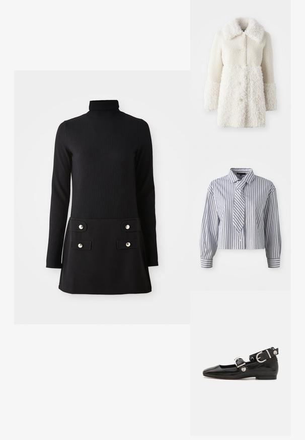 Cappotto bianco peloso con un tessuto texturizzato, ampio colletto e chiusure a bottone. Il corpo ha una finitura liscia, con accenti a contrasto.; Camicia accorciata di colore azzurro chiaro con righe bianche verticali e piccoli punti argentati; include una cravatta integrata e chiusura a bottone. Maniche lunghe.; Vestito nero a collo alto a coste con maniche lunghe, caratterizzato da un corpetto aderente e una gonna svasata con due tasche anteriori e bottoni dorati.; Scarpa flat in vernice nera con punta quadrata, cinturino alla caviglia con hardware in argento e suola piatta. Texture liscia con design minimalista.; Borsa a mano in pelle marrone con finitura texturizzata, bordi plissettati e frange laterali; dotata di una tracolla staccabile con accenti metallici.