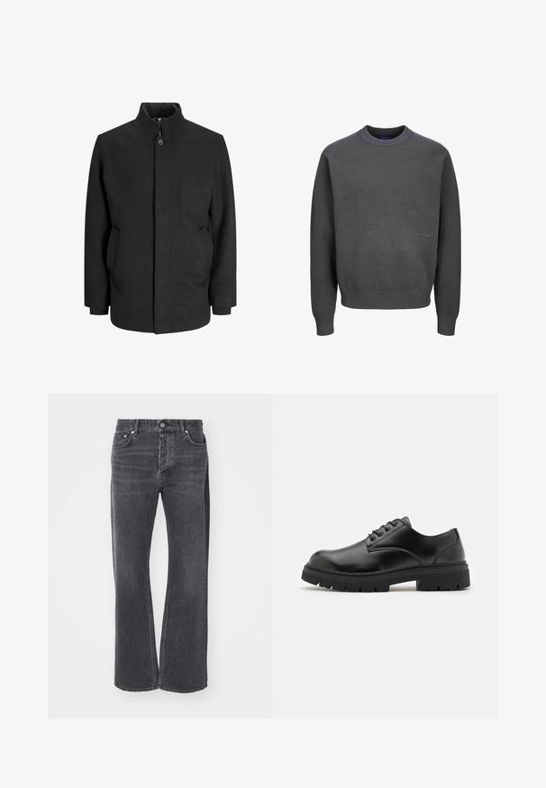 Black coat with a high collar, front button closure, side pockets, and a structured silhouette. Made from a smooth, textured fabric.; Dark gray sweater made of textured knit fabric, featuring a ribbed crew neckline and cuffs, with a subtle logo detail on the front.; Black high-waisted jeans with a loose, wide-legged design. Made of denim, featuring subtle fading and front and back pockets.; Black leather shoes with a rounded toe, lace-up design, and a thick, textured rubber sole. Features stitching along the edge and a smooth finish.