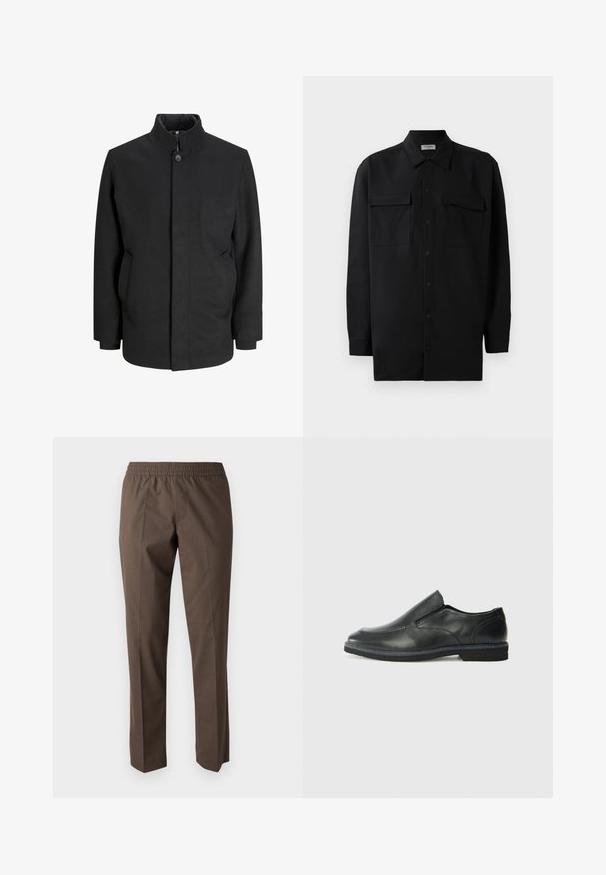 Black coat with a high collar, front button closure, side pockets, and a structured silhouette. Made from a smooth, textured fabric.; Black button-up shirt made of smooth fabric, featuring a classic collar, two front pockets, and long sleeves with button cuffs.; Brown trousers made of smooth fabric, featuring an elastic waistband, straight-leg design, and no visible pockets or embellishments.; Black leather slip-on shoe with a smooth upper, stitched accents, rounded toe, and a low rubber heel. Sole features minimal tread.