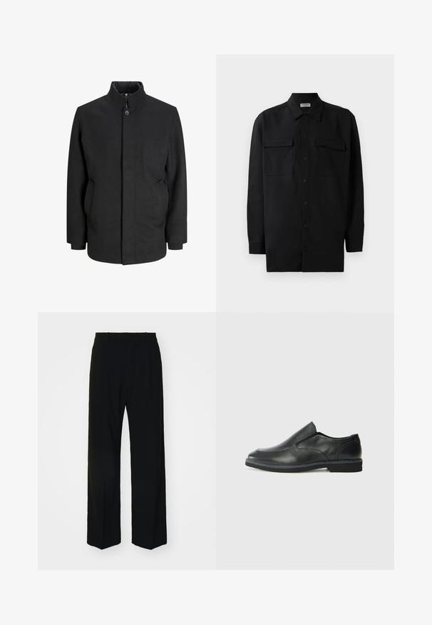 Black coat with a high collar, front button closure, side pockets, and a structured silhouette. Made from a smooth, textured fabric.; Black button-up shirt made of smooth fabric, featuring a classic collar, two front pockets, and long sleeves with button cuffs.; GAP LOOSE - Trousers - true black; Black leather slip-on shoe with a smooth upper, stitched accents, rounded toe, and a low rubber heel. Sole features minimal tread.