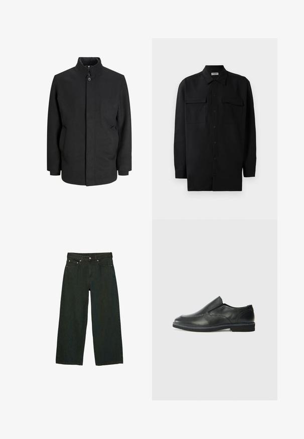 Fekete kabát magas gallérral, elöl gombos zárással, oldalsó zsebekkel és struktúrált sziluettel. Simább, texturált anyagból készült.; Fekete gombos ing, sima anyagból készült, klasszikus gallérral, két elülső zsebbel és hosszú ujjakkal, amelyek gombos mandzsettával záródnak.; Sötétzöld, széles szárú farmernadrág; elöl gombbal és cipzárral záródik, öt zsebe van, és finom textúra-változatokkal rendelkezik.; Fekete bőr, slip-on cipő sima felsőrésszel, varrott díszítéssel, lekerekített orral és alacsony gumitalppal. A talpa minimális bordázattal rendelkezik.